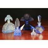 A Group of Five Art Deco Blue Glass Scent Bottles ranging from 5¾ in (11.