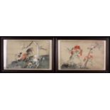 A Set of Four Chinese Silk Embroideries of birds & blossom, set in moulded hardwood frames,