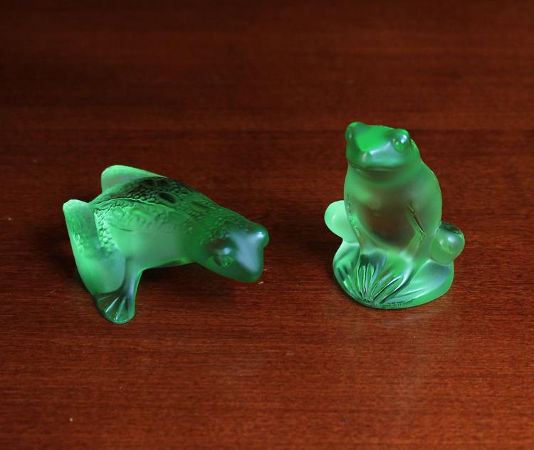 A Pair of Lalique Frosted Green Glass Frogs inscribed on base Lalique France. One sitting 2¼ in (5.