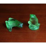 A Pair of Lalique Frosted Green Glass Frogs inscribed on base Lalique France. One sitting 2¼ in (5.