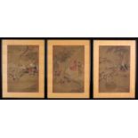 Three Chinese Allegorical Paintings on Silk, mounted in glazed frames,