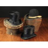 Two Vintage Top Hats in Leather Cases and a Bowler: One of the top hats with Bennet's of London