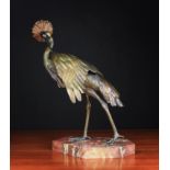 A Fine Patinated Bronze Sculpture of a Crowned Crane mounted on a figured marble base,