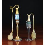Two Art Nouveau Style Perfume Atomoizers: One raised on a tall glass stem with a blue 'bulb' to