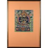 A Tibetan Thangka painted in gouache on fabric with Green Tara surrounded by flowers,