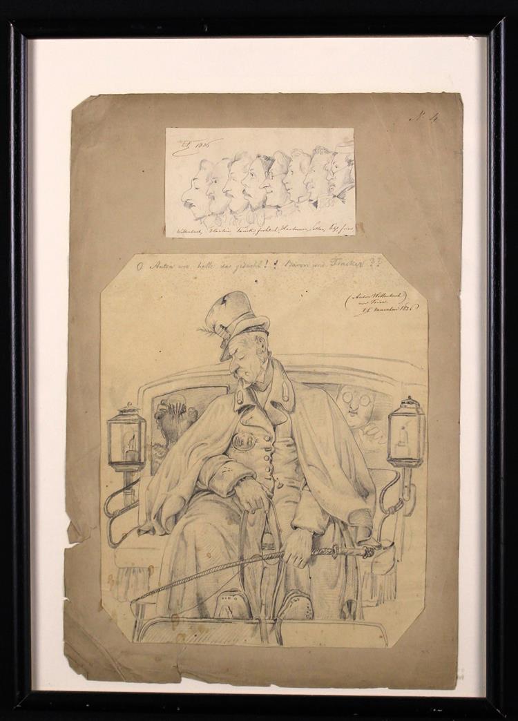 A Framed Page from a 19th Century German Scrap book with two pencil caricature drawings dated 1836,