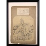 A Framed Page from a 19th Century German Scrap book with two pencil caricature drawings dated 1836,