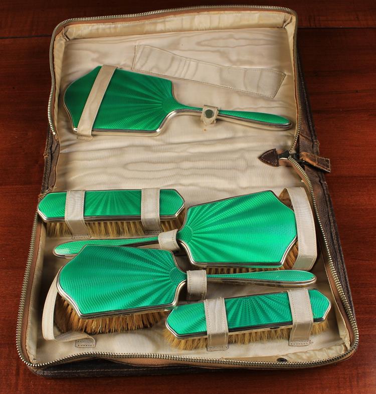A Fine Art Deco Silver & Vibrant Green Guilloché Enamelled Brush Set by Albert Carter,