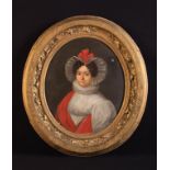 A 19th Century Oil on Board: Portrait of a lady wearing an unusual frilled headdress and a red