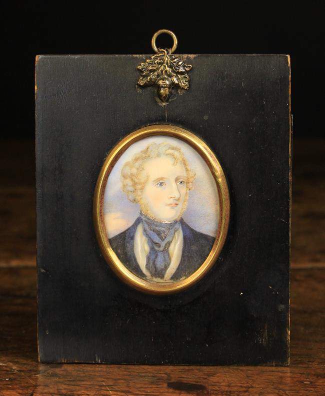 A 19th Century Miniature Portrait of a Gentleman painted on ivory and backed with mother-of-pearl.