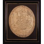 An 18th Century Silkwork Map of England & Wales in an oval border embroidered with trailing flowers,