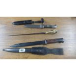 A German Bayonet, a Scout Knife and a Swordstick End - blades in good condition - sword stick