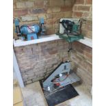 A Black and Decker worktop jigsaw, a Clarke Metalworker 6" Bench Grinder and a table top circular