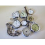 Eight open faced pocket watches including two silver cased examples and a silver watch chain - one
