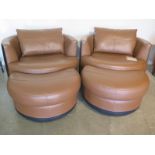 Two brown leather SCS tub shaped swivel chairs with footstools AMX design - Height 69cm x Width