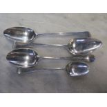 Four early hallmarked silver serving spoons, various dates and makers - all clean and bright, one