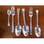 Six pieces of silver flatware including a Hester Bateman table spoon - total weight approx 11.4 troy