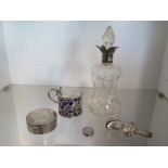 A Georgian silver mustard, a Georgian silver patch pot, maker SP, a silver top decanter 21cm tall, a