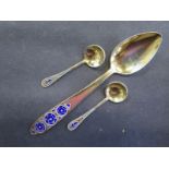 A Russian gilt 875 silver enamel teaspoon - Length 11.5cm - and two Russian gilt 875 silver salt