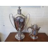 A silver plated twin handled Samovar and a lidded tankard with single handle - some plate wearing on