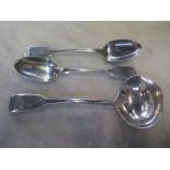 A hallmarked Irish silver ladle and two teaspoons, Dublin 1853/54, 1865/66 - total approx weight 3.6