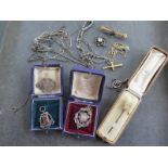 Three silver fobs, a 9ct gold and metal tiepin and assorted other jewellery