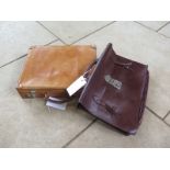 A Vintage leather briefcase and a light tan leather attache case with shoulder strap - attache