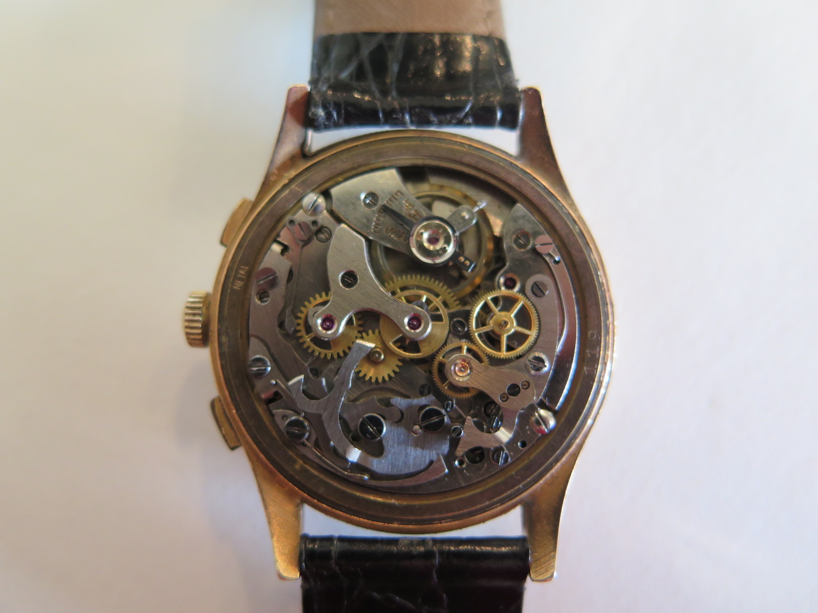 A gents 18ct gold chronograph wrist watch, the black dial with white markers and twin subsidiary - Image 3 of 4