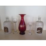 A pair of Guerlain "Eau de Cologne du Coq" bottles - 23cm tall, a red glass vase and two modern