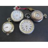 Four silver faced ladies pocket watches, three open faced with Roman numerals, one half Hunter