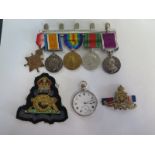 A group of three WWI medals and a long service, good conduct medal and a defence medal to 19917 B.