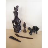 A carved wooden figure - 31cm tall, a horn bust 13cm tall, a repaired stone figure and a small