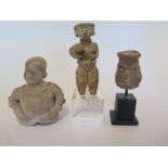 Two Pre-Columbian or later figures and a head, figure and stand 13cm tall