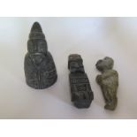 Two carved hard stone figures and a pottery figure 13 and 12 cm tall - head repaired to side on