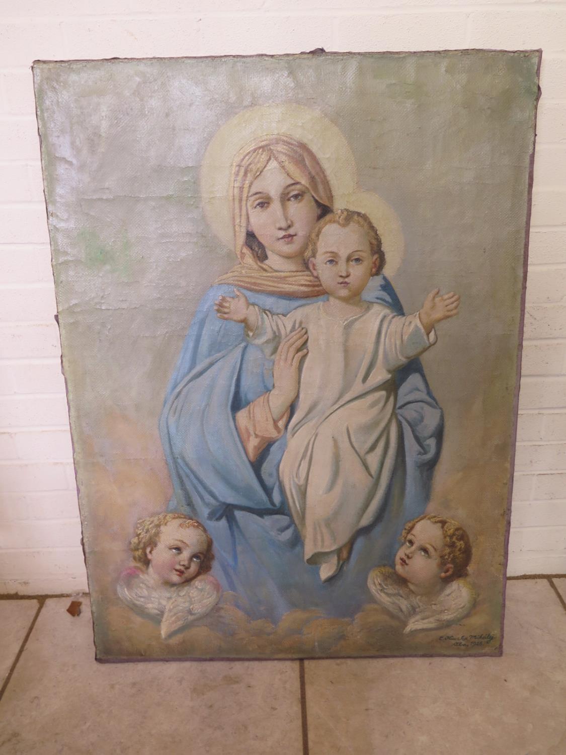 An oil painting on Canvas - Madonna and child signed C Huczka Mihcily Alra 1928 - general overall