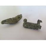 A Pre-Columbian or later hard stone narcotics pipe/snorter decorated with animal and human heads,