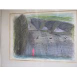A mixed media entitled "Landscape and Martins" signed Omsutte? - generally good fixative, stains