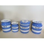 Four T G Green kitchenware named blue banded lidded pots, all good condition, tallest 11cm, all