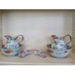 A pair of Oriental wash bowl and jug sets with 2 lidded containers, jugs are 25cm tall, bowls 32cm