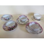 Five 18th and 19th Century tea bowls and saucers,, one associated saucer, one cup repaired, two cups