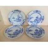 Four 19th Century blue and white porcelain plates, 23cm diameter, all having small chips to rim, one