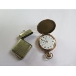 A gold plated hunter pocket watch, top wind 41mm wide, some usage marks but running and a plated