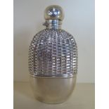 A silver and glass hip flask with hunting top and lattice cover, London 1888/9 Maker H.T.B, 15cm