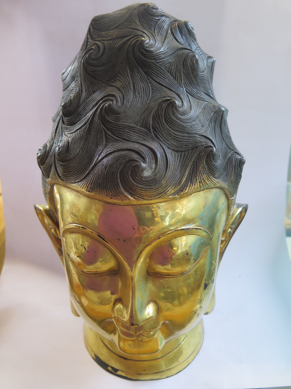 A gilt bronze Chinese Buddha head, 34cm tall, no obvious damage, with aged finish - Image 2 of 6