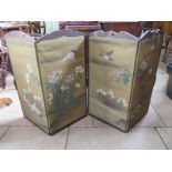 A pair of oriental silver thread work panels with painted opposing sides, 77cm tall x 76cm, some