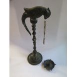 A bronze hangiong oil lamp with bird top - 27cm tall, no damage