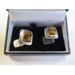 A pair of 925 silver tigers eye quartz cufflinks - 12 x 17mm, both good