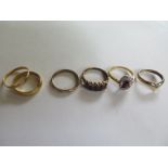 Two x 22ct yellow gold band rings, approx 4.7 grams, a 9ct gold ring approx 1.3 grams, 2 unmaked