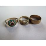 Three 9ct yellow gold hallmarked rings, sizes J, O, P, total weight approx 8 grams, all generally