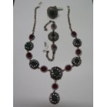 A silver multi-gem necklace, bracelet and ring set, ring size R, bracelet 19cm long, necklace 41cm